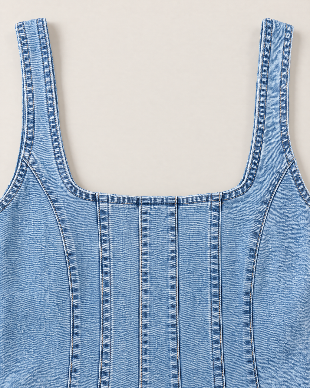 Rowan Effortless Denim Midi Dress - detail of the neckline, Light Denim