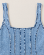 Rowan Effortless Denim Midi Dress - detail of the neckline, Light Denim
