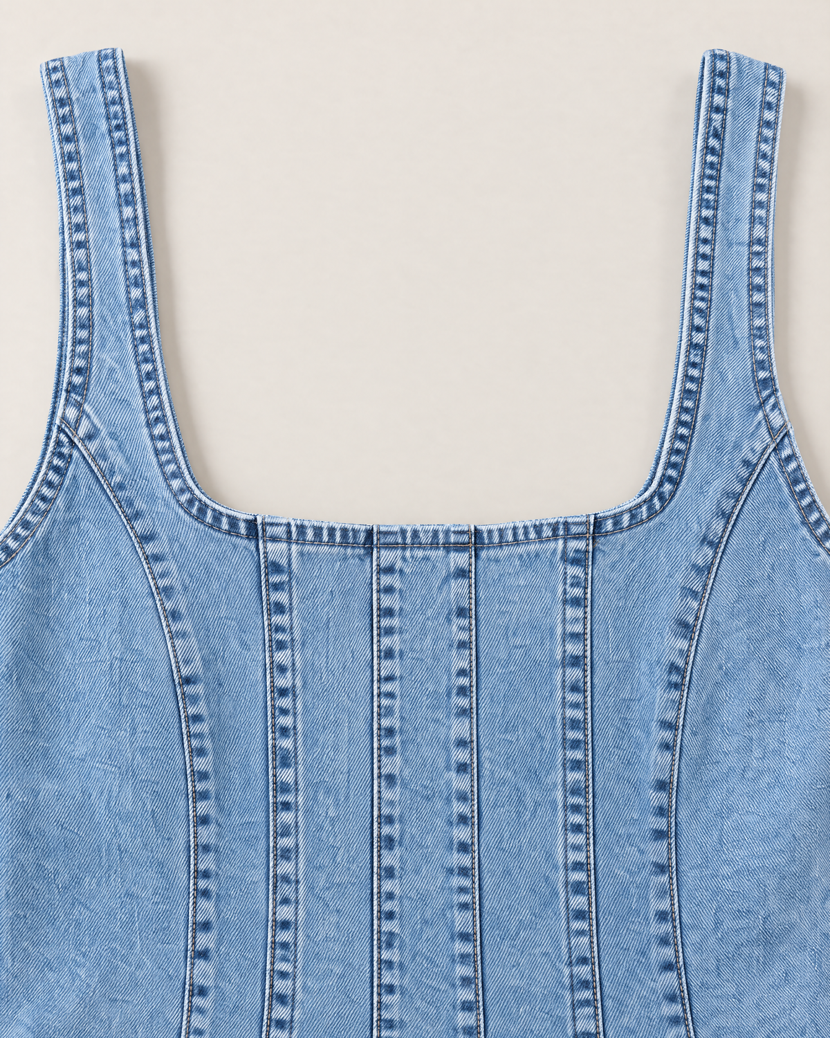 Rowan Effortless Denim Midi Dress - detail of the neckline, Light Denim