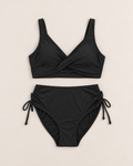 Sasha Chic Solid Bikinis - Black flat lay, high waisted brief with drawstring ties at the hips
