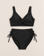 Sasha Chic Solid Bikinis - Black flat lay, high waisted brief with drawstring ties at the hips