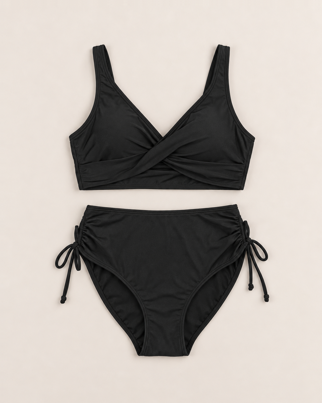 Sasha Chic Solid Bikinis - Black flat lay, high waisted brief with drawstring ties at the hips