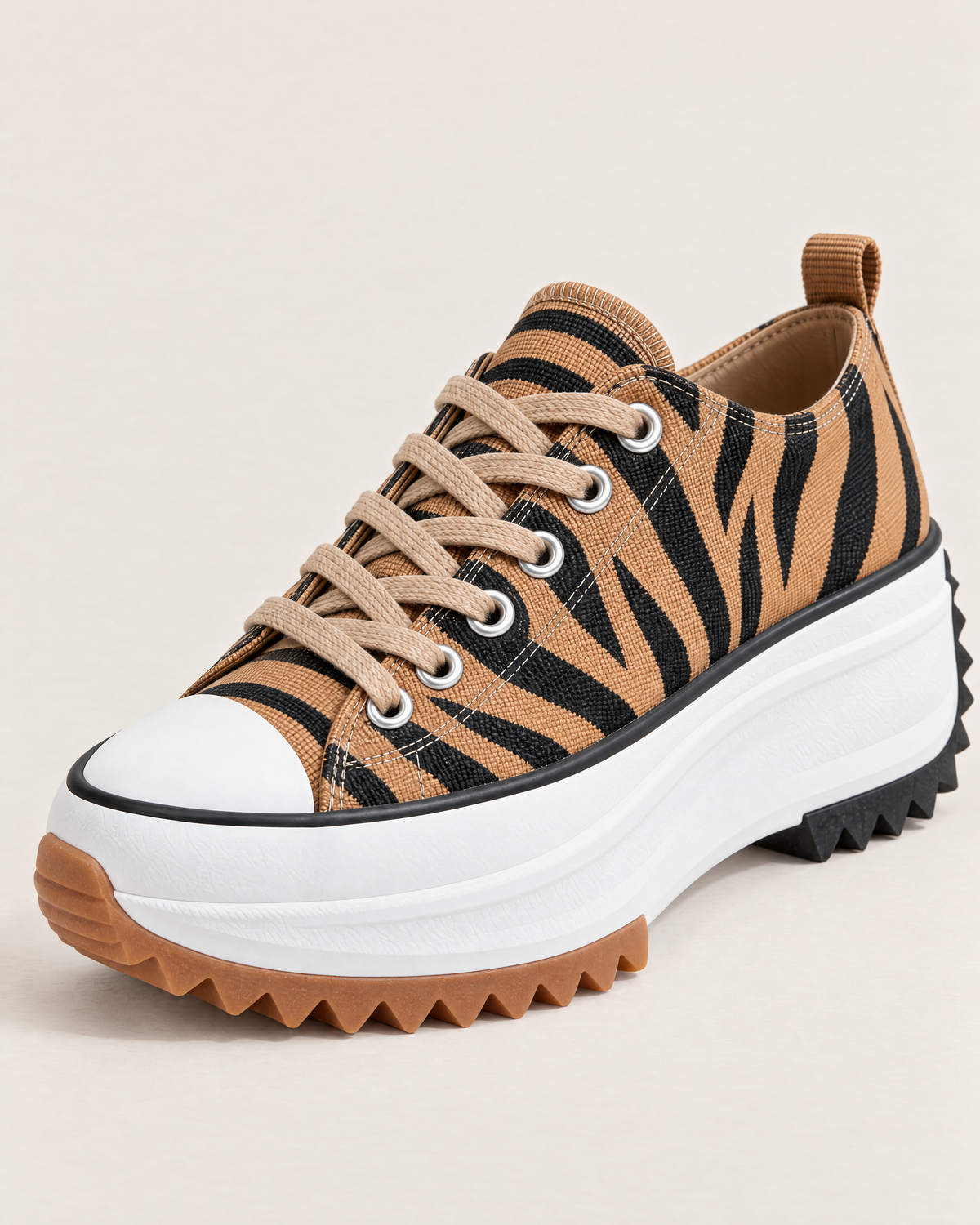 Solana Chunky Platform Sneakers - detail of the toe, fastening and stitching, Tiger