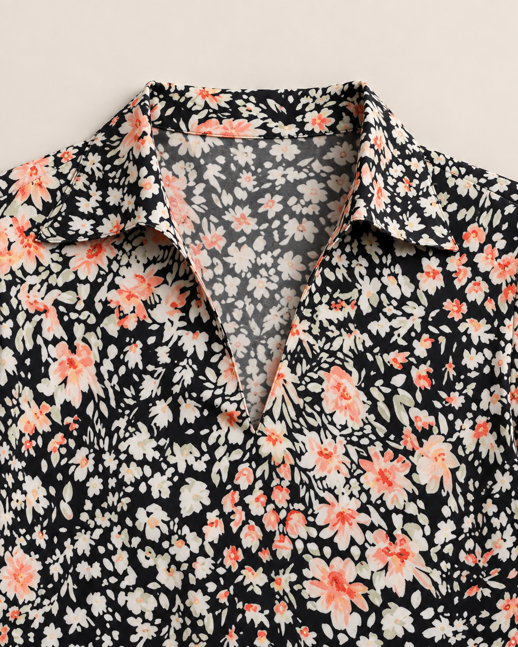 Thalia Lightweight Floral Midi Dress - detail of the soft shirt collar and V neckline, Black