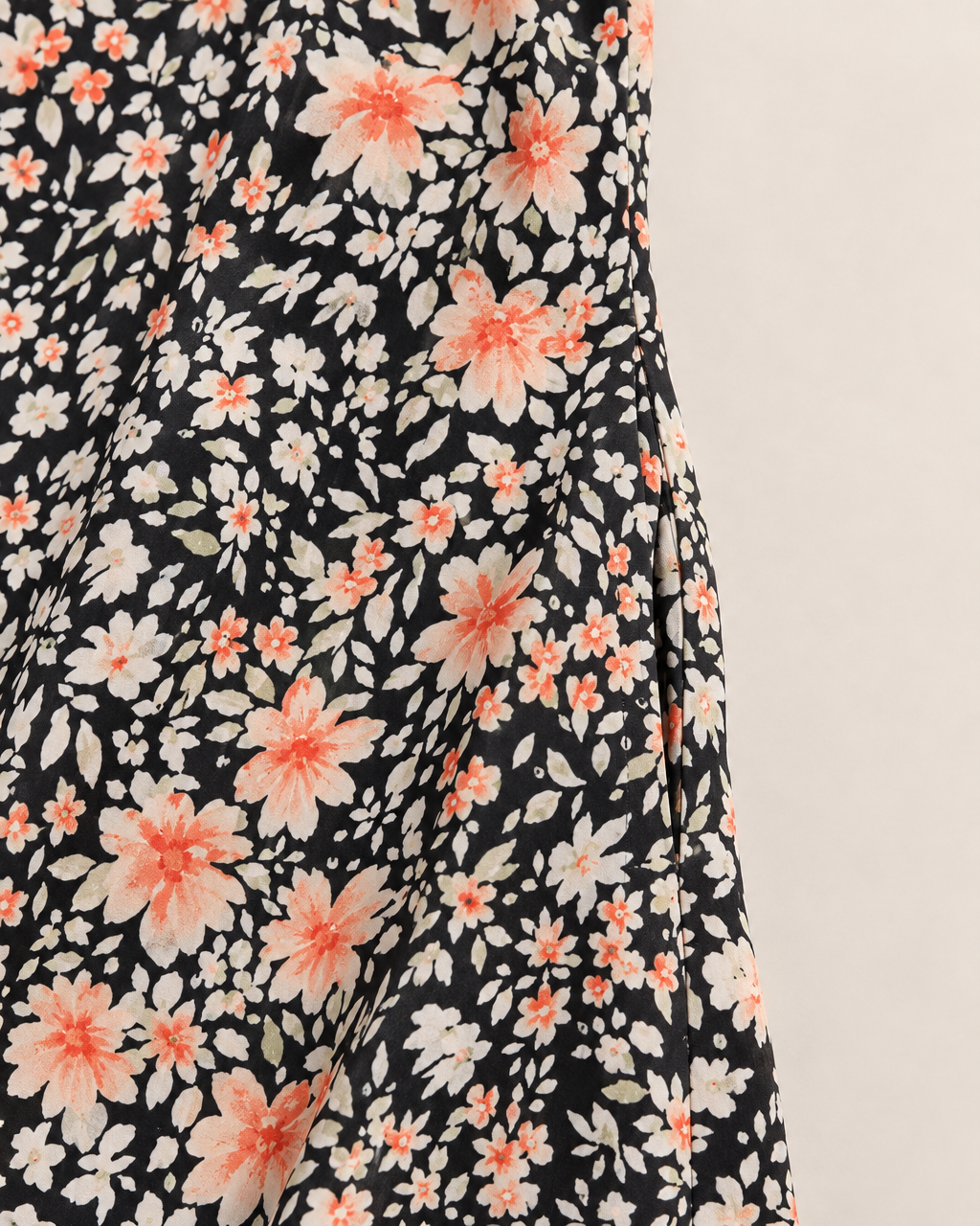 Thalia Lightweight Floral Midi Dress - detail of the lightweight woven fabric at the side seam, Black