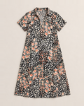 Thalia Lightweight Floral Midi Dress - Black flat lay, black with white and coral-peach floral print