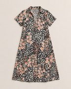Thalia Lightweight Floral Midi Dress - Black flat lay, black with white and coral-peach floral print