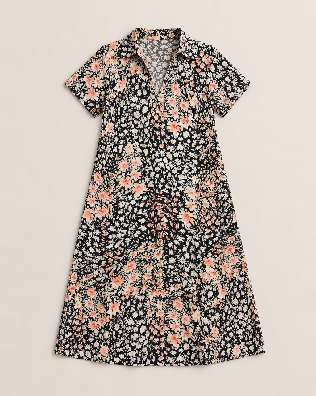 Thalia Lightweight Floral Midi Dress - Black flat lay, black with white and coral-peach floral print